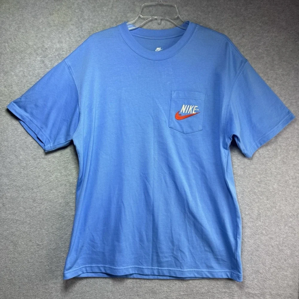 Nike Tee Men's Medium Embroidered Logo Blue Red Swoosh Jumbo Logo Shirt Loose